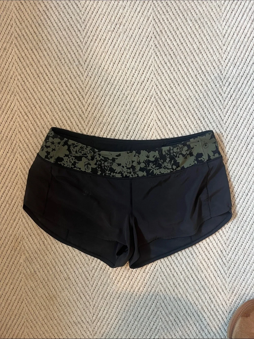 lululemon athletica Black Athletic Shorts with Olive Floral Waistband